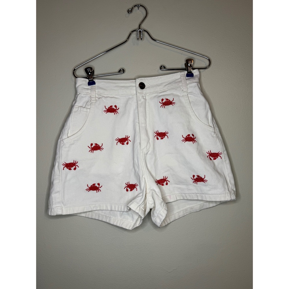 Shoulder White Crab Embroidered Denim Shorts High Rise Size‎ 38